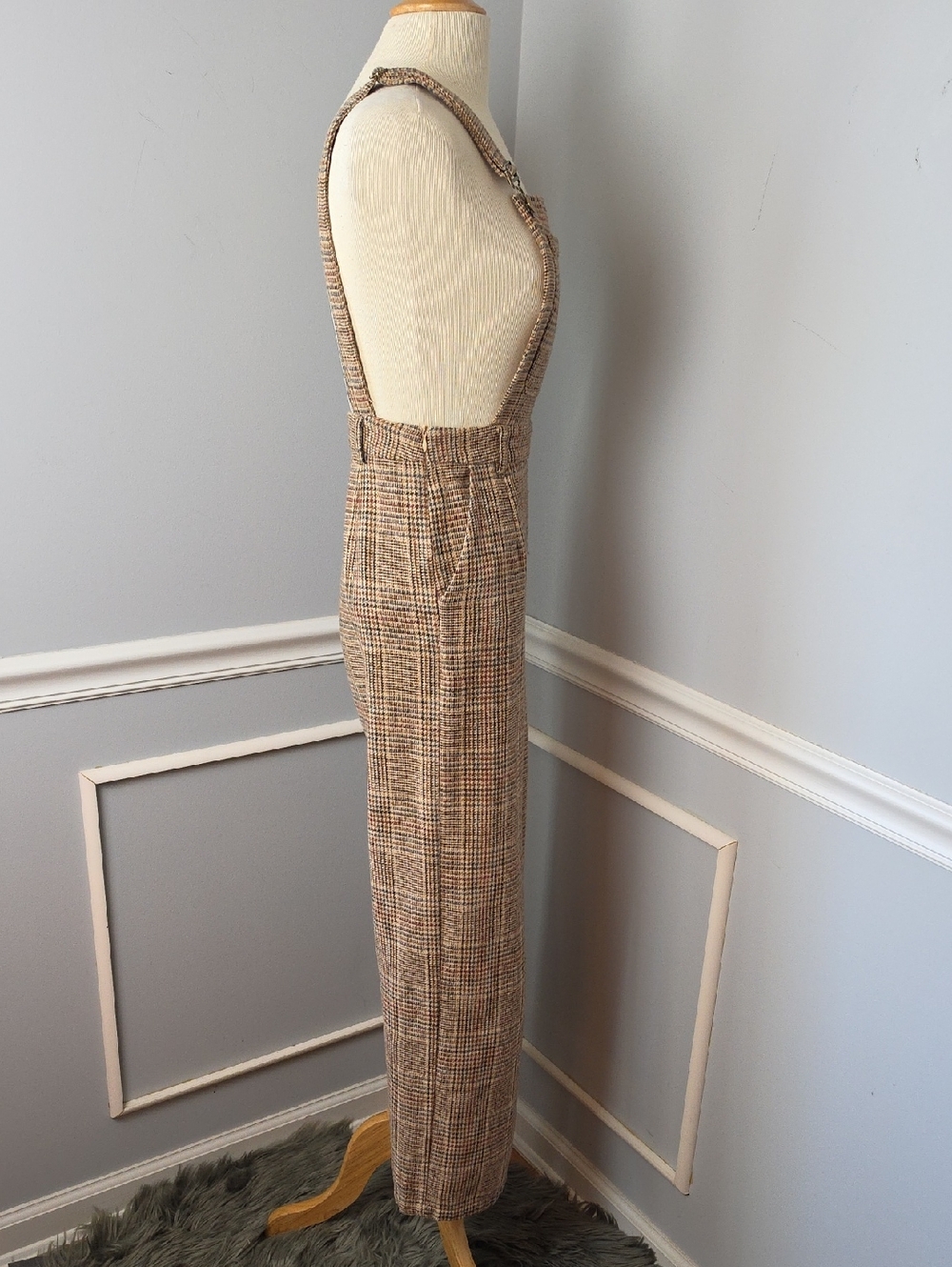 CIDER Women's Tan Houndstooth Plaid Preppy Straight Wide Leg Side Zip Overall XS - Picture 5 of 10
